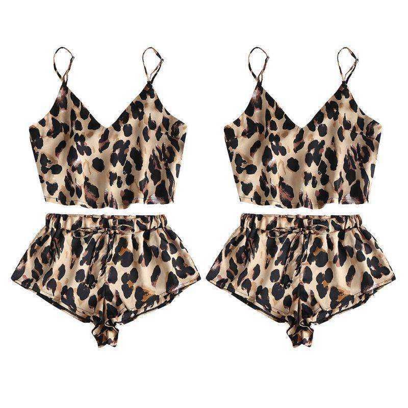 V-Neck Crop Top Drawstring Wide Leg Shorts Leopard Printed Loungewear