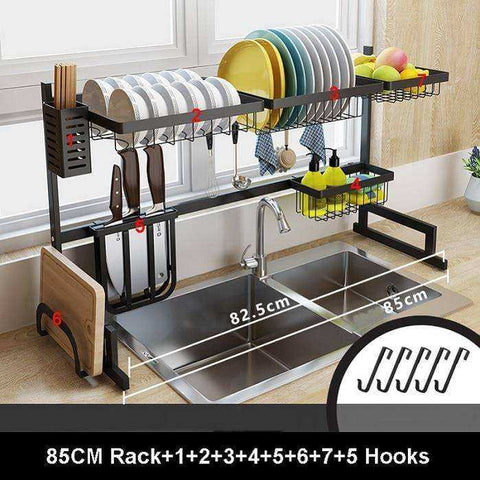 Image of Stainless steel 65 / 85cm black U-shaped kitchen dish rack holder storage