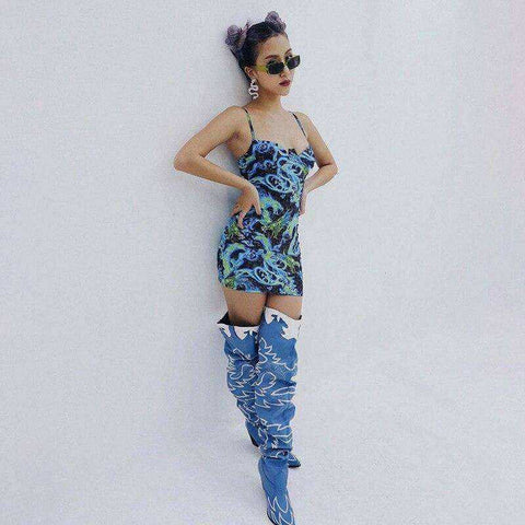 Image of Dragon Print Strap Sexy Blue Backless Mini Dress Summer Sundress Dresses