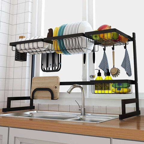 Image of Stainless steel 65 / 85cm black U-shaped kitchen dish rack holder storage