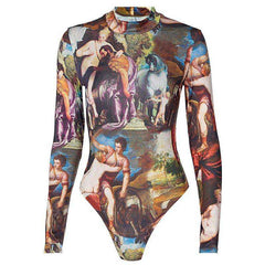 Women Full Length Regular Sleeve Turtleneck Skinny Printed Bodysuit Sweatshirt