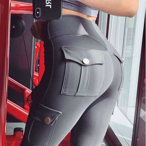 Solid High Waist Push Up Polyester Workout Fitness Women Leggings With Pocket