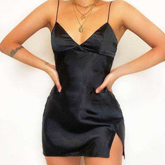 Satin V-Neck Spaghetti Strap Split Hem Mini Dresses