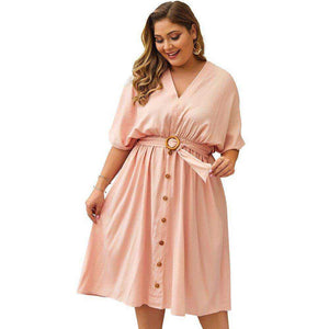 Women Autumn Plus Size 4XL V Neck Pure Color Full Sleeve Dress