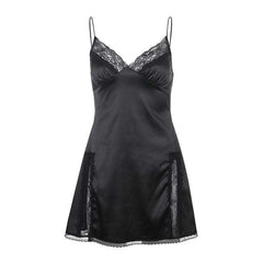 Women's Satin Lace Patchwork Backless V Neck  Mini Side Split Black Dress