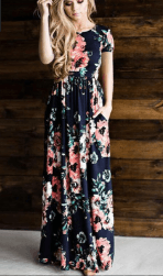 Image of Women's Long Short Sleeve Bohemian Floral Printed Maxi Long Dress