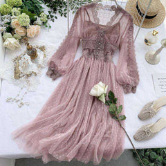 Sweet Tulle Long Sleeve V Neck Polka Dot Bohemian Slim Fairy Dress