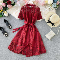 Women Elegant Hollow Out Lace Dress Solid O-Neck Button up Sashes