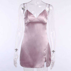 Satin V-Neck Spaghetti Strap Split Hem Mini Dresses