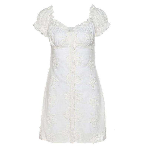 Image of Women French Style White Casual V Neck Mini Dress Button Sundress