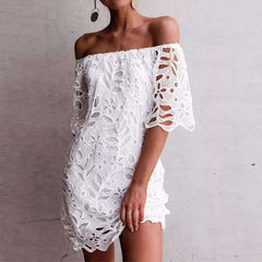 Women's Lace Crochet Boat Neck Off Shoulder Short Sleeve White Dress