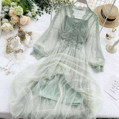 Sweet Tulle Long Sleeve V Neck Polka Dot Bohemian Slim Fairy Dress