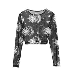 New Fashion Casual O-neck Mesh Dragon Print Long Sleeve Tee Shirts Women