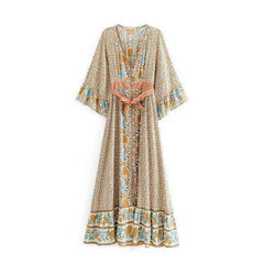 Vintage Floral Print  Single Breasted Bohemian Maxi Dress