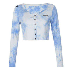 Rib Knitted Skinny Tie Dye Print Streetwear Ruffle Crop Top T-Shirt Women