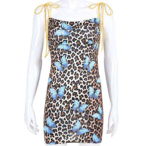 Image of Aesthetic Backless Butterfly Leopard Print Mini Strap Lace Up Women Dresses