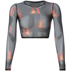 New Fashion Casual O-neck Mesh Dragon Print Long Sleeve Tee Shirts Women