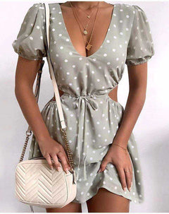 Polka Dot Green Chiffon Hollow Out Drawstring Waist Mini Dress