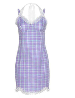 Lace Purple Plaid Strap Soft Cotton Mini Bodycon Dress Women