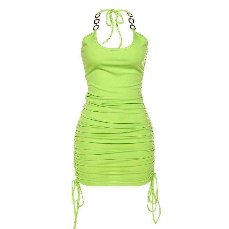 Women's Sleeveless Hanging Neck Pleated Green Halter Dress