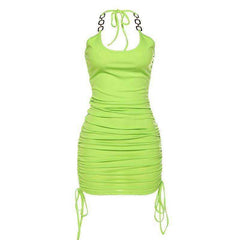 Women's Sleeveless Hanging Neck Pleated Green Halter Dress