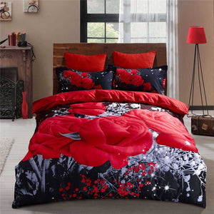Big Red Flowers Rose Black Luxury Bed Linen Duvet Cover Sets