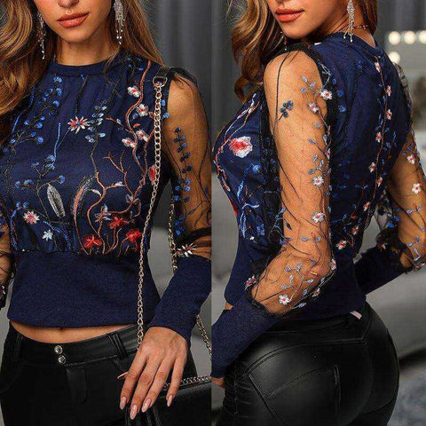 Image of Women Embroidered Floral Long Sleeve Blouse