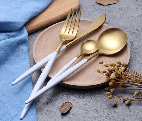 Image of Stainless Steel Black Gold Fork Knife Spoon Tableware Set