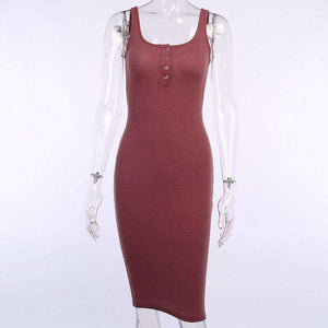 Knitted Elastic V-Neck Button Sleeveless Knee-Length Slim Dress