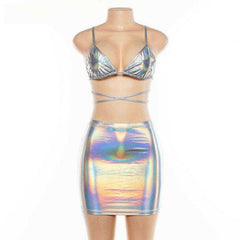 Silver Glitter Lace-Up Camisole Skirts Set