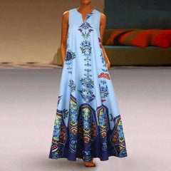 Casual Floral Printed Maxi Long Vintage Sleeveless Women Dress