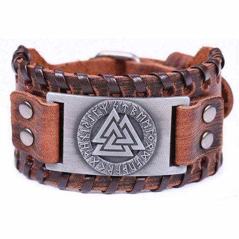 Image of Aesthetic Men Leather Bracelet Metal Engraved Scandinavian Viking Nordic Runes