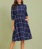 Stand Collar Simple Plaid 3/4 Sleeve Knee Length Line Dress