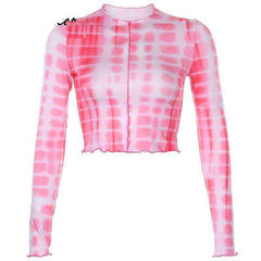 Rib Knitted Skinny Tie Dye Print Streetwear Ruffle Crop Top T-Shirt Women