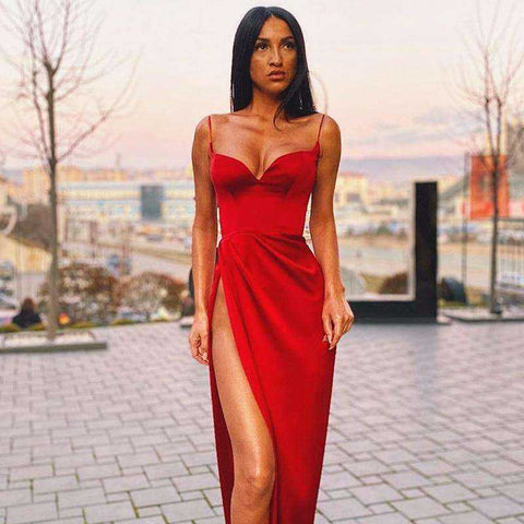 Image of V-Neck Black/Red Silk Sleeveless Knee-Length High Split Strap Dress Women