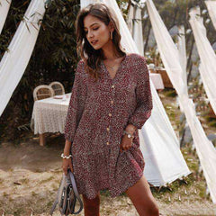 Floral Causal Loose Short Mini Dresses Three Quarter Sleeve Spring