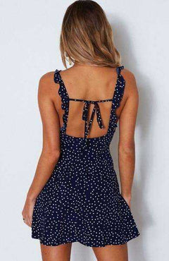 Summer Sexy Spaghetti Strap Dot Print Backless Above Knee Mini Ladies Dress