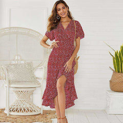 Summer Beach Maxi Floral Print Boho Long Ruffles Wrap Casual V-Neck Dress Women