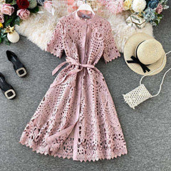 Women Elegant Hollow Out Lace Dress Solid O-Neck Button up Sashes