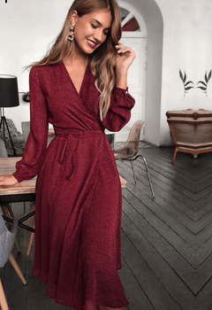 Women Bohemian Cross V-neck Sashes Mid-Calf Dot Print Long Sleeve Button Dress