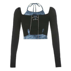 Rib Knitted Skinny Tie Dye Print Streetwear Ruffle Crop Top T-Shirt Women