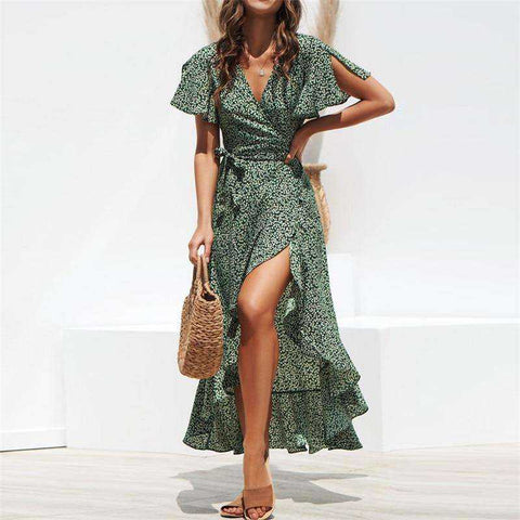 Image of Summer Beach Maxi Floral Print Boho Long Ruffles Wrap Casual V-Neck Dress Women