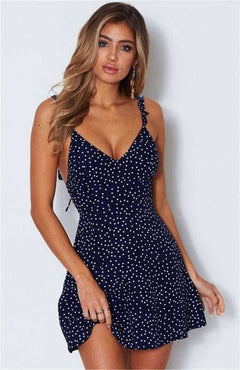 Summer Sexy Spaghetti Strap Dot Print Backless Above Knee Mini Ladies Dress