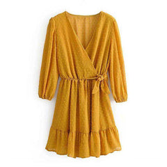 Women Three Quarter Sleeve Ruffles Lace Mini Chiffon Dress