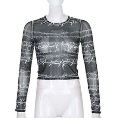 Women Turtleneck Long Sleeve Mesh Transparent Top Sexy Patchwork T Shirt