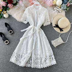 Women Elegant Hollow Out Lace Dress Solid O-Neck Button up Sashes