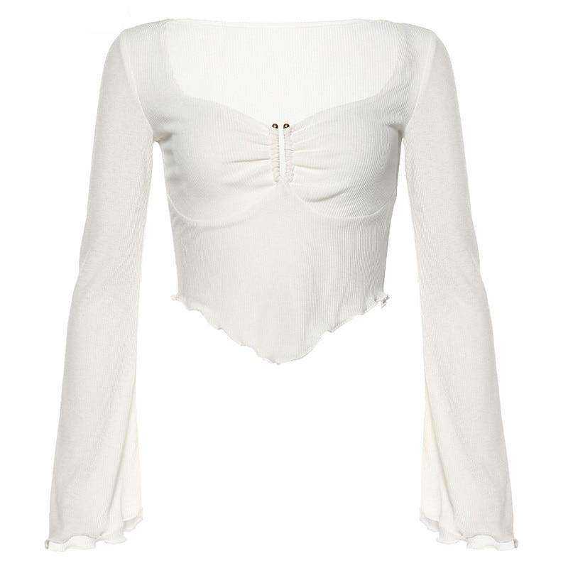 Women New Fashion Sexy See Through Full Sleeve Crop Tops T-Shirts