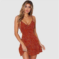 Summer Sexy Spaghetti Strap Dot Print Backless Above Knee Mini Ladies Dress