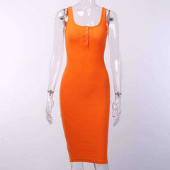 Knitted Elastic V-Neck Button Sleeveless Knee-Length Slim Dress