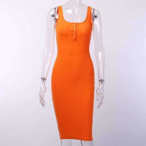 Image of Knitted Elastic V-Neck Button Sleeveless Knee-Length Slim Dress